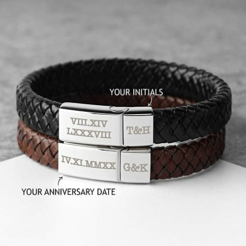 Roman Numerals Engraved Men's Bracelet, Woven Braided Leather Bracelet