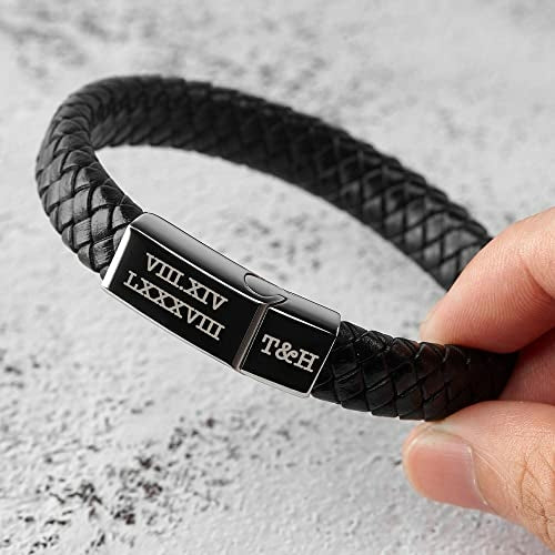 Roman Numerals Engraved Men's Bracelet, Woven Braided Leather Bracelet
