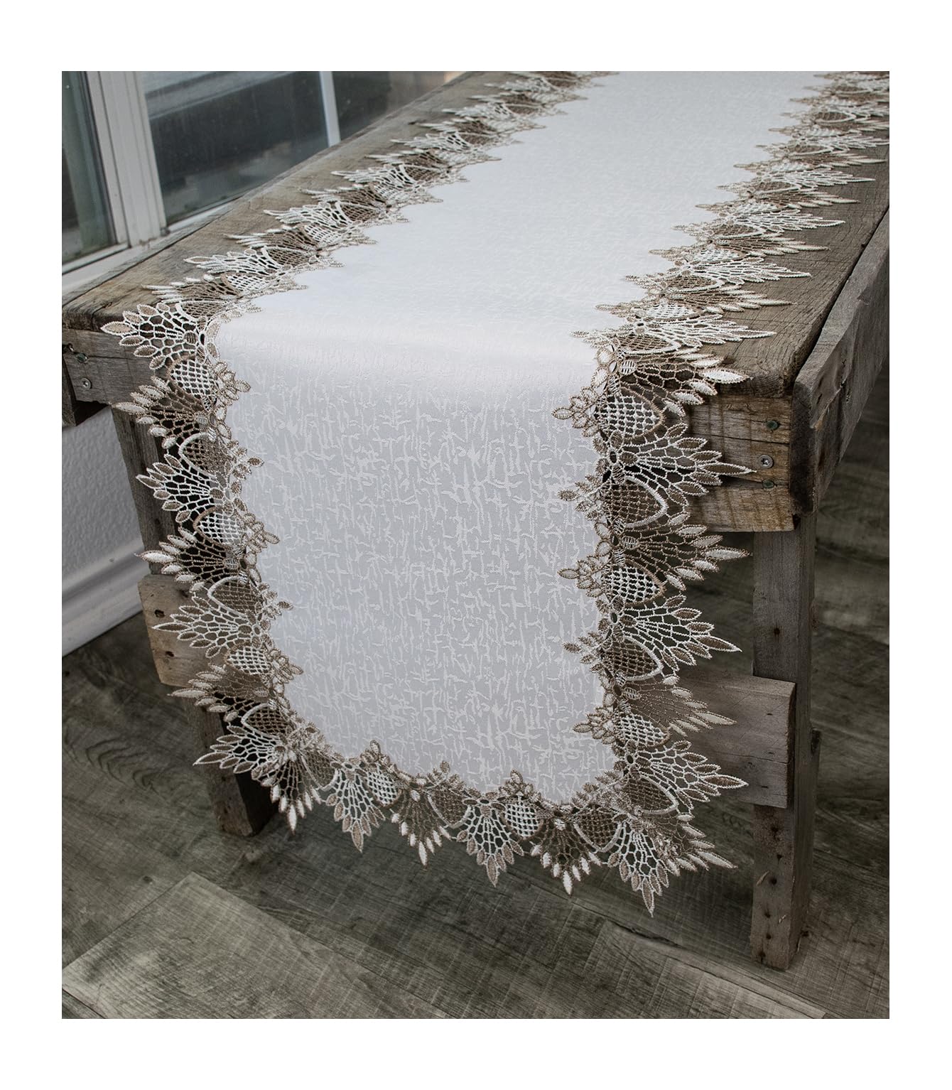 Lace Runner Neutral Earth Tones on White Jacquard Table Runner Dresser Scarf Coffee Table Runner (16Wx54L)